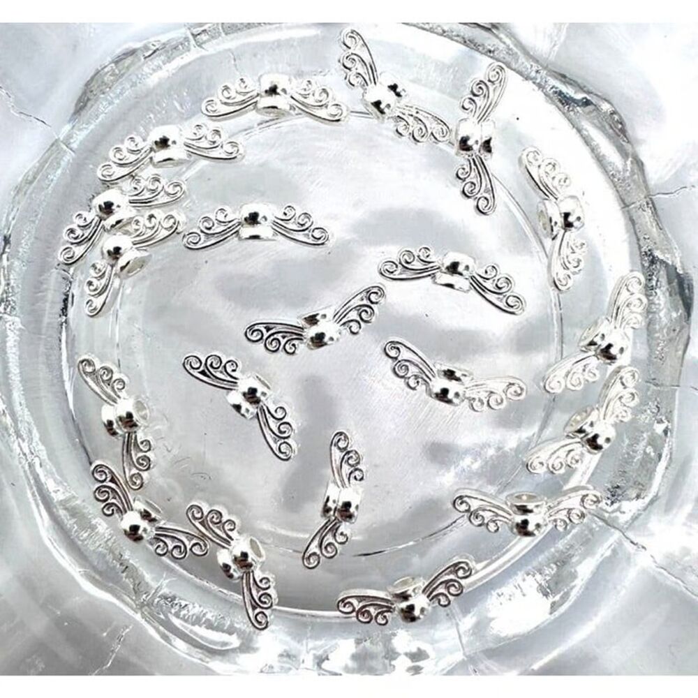 20pcs Beads for Jewelry #21973 Silver Angel Wings Beads